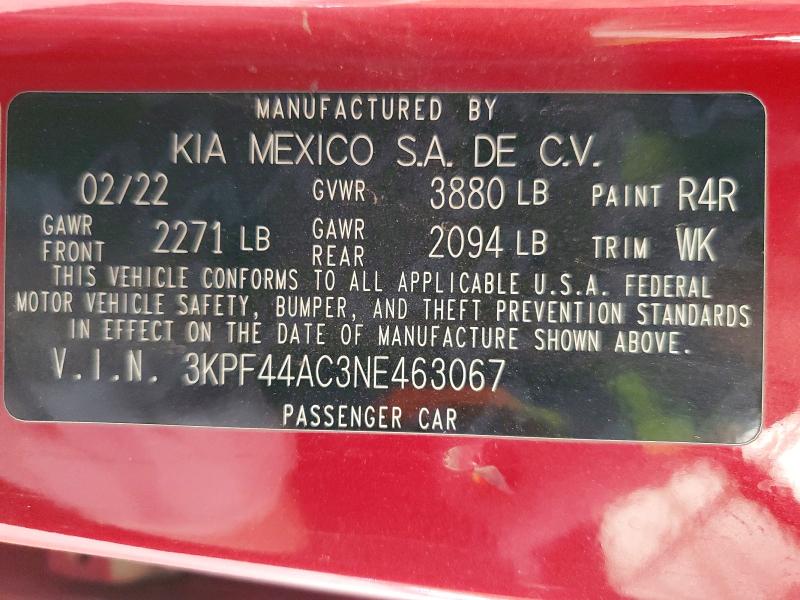 66770976 :رقم المزاد ، 3KPF44AC3NE463067 vin ، 2022 Kia Forte مزاد بيع