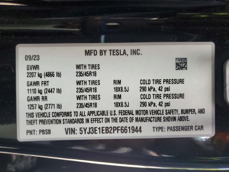 2023 Tesla Model 3 მანქანა იყიდება აუქციონზე, vin: 5YJ3E1EB2PF661944, აუქციონის ნომერი: 63601856