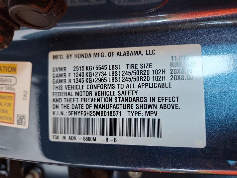 Продажа на аукционе авто 2021 Honda Pilot, vin: 5FNYF5H25MB018571, номер лота: 65629356