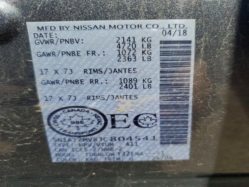 Aukcja sprzedaży 2018 Nissan Rogue, vin: 5N1AT2MV8JC804541, numer aukcji: 64073876
