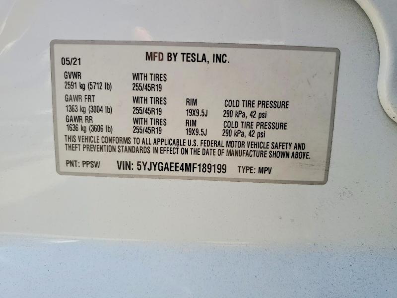 Aukcja sprzedaży 2021 Tesla Model Y, vin: 5YJYGAEE4MF189199, numer aukcji: 66105666