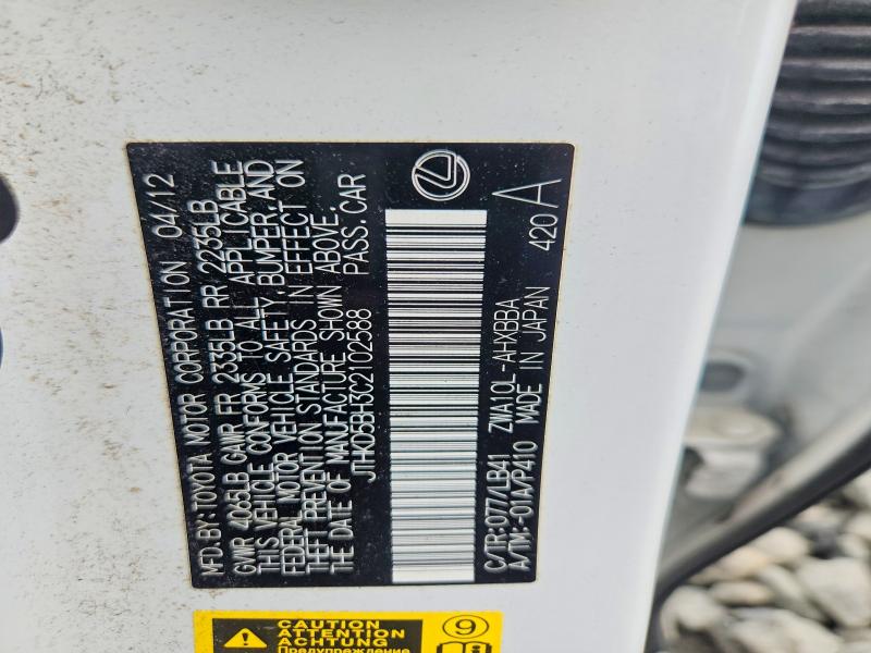 Aukcja sprzedaży 2012 Lexus Ct, vin: JTHKD5BH3C2102588, numer aukcji: 65584096