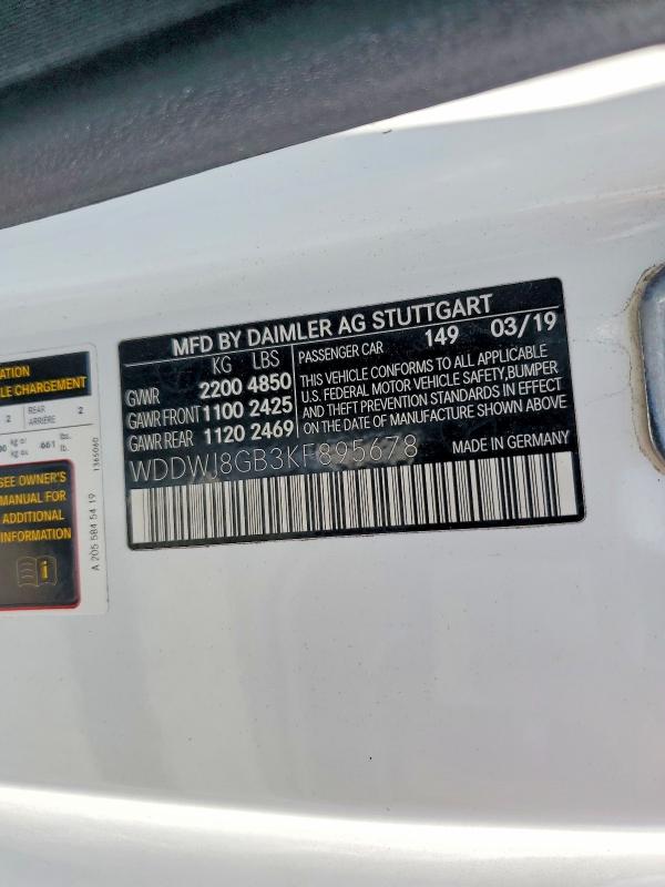 66883816 :رقم المزاد ، WDDWJ8GB3KF895678 vin ، 2019 Mercedes-benz C مزاد بيع