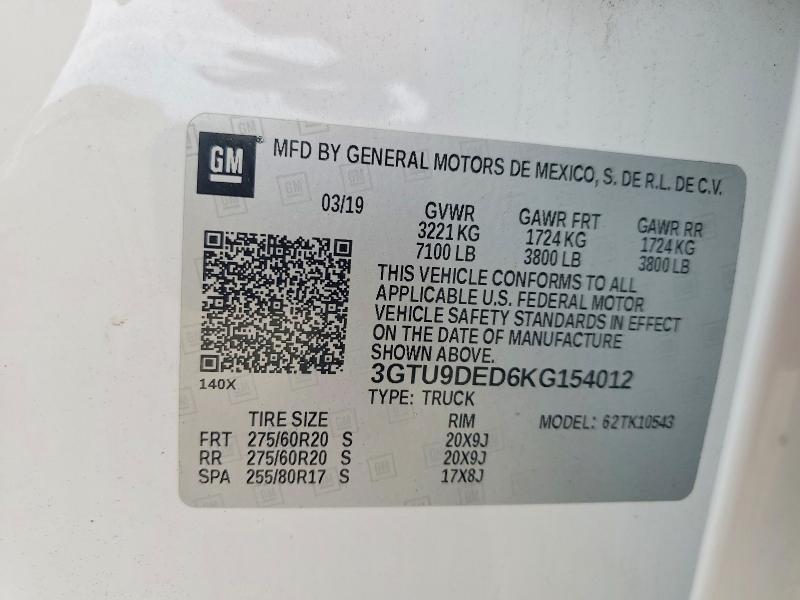 Aukcja sprzedaży 2019 Gmc Sierra, vin: 3GTU9DED6KG154012, numer aukcji: 64629996