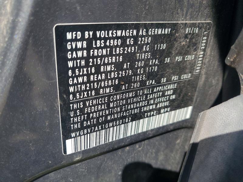 2016 Volkswagen Tiguan მანქანა იყიდება აუქციონზე, vin: WVGBV7AX1GW580182, აუქციონის ნომერი: 64216056