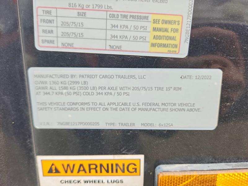 2023 Patriot Cargo Trailers მანქანა იყიდება აუქციონზე, vin: 7NGBE1217PD000205, აუქციონის ნომერი: 63468516