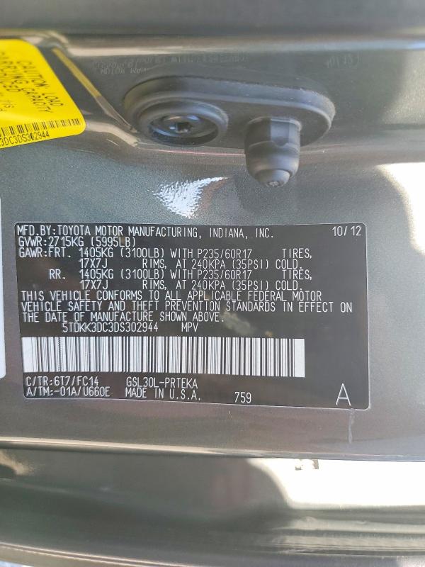 Aukcja sprzedaży 2013 Toyota Sienna, vin: 5TDKK3DC3DS302944, numer aukcji: 64652836