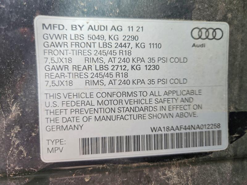 Aukcja sprzedaży 2022 Audi A4 Allroad, vin: WA18AAF44NA012258, numer aukcji: 63651646