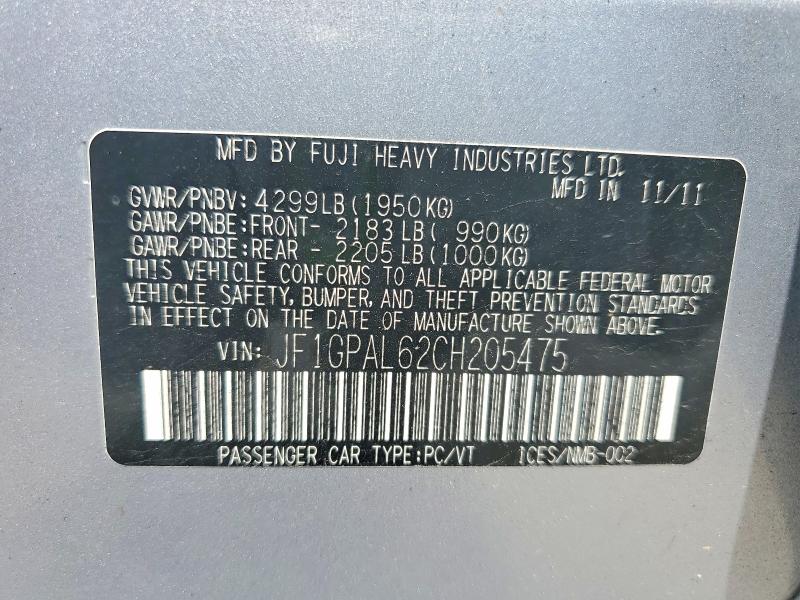 Продажа на аукционе авто 2012 Subaru Impreza, vin: JF1GPAL62CH205475, номер лота: 64962146
