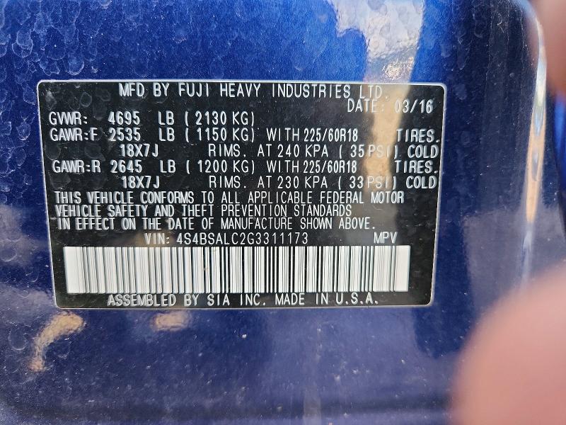 Aukcja sprzedaży 2016 Subaru Outback, vin: 4S4BSALC2G3311173, numer aukcji: 65515456