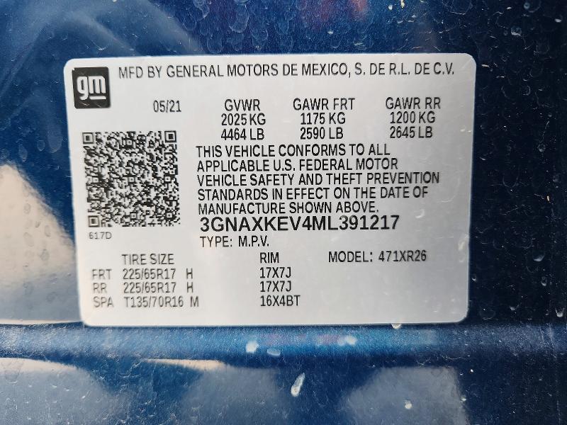 2021 Chevrolet Equinox მანქანა იყიდება აუქციონზე, vin: 3GNAXKEV4ML391217, აუქციონის ნომერი: 65933706
