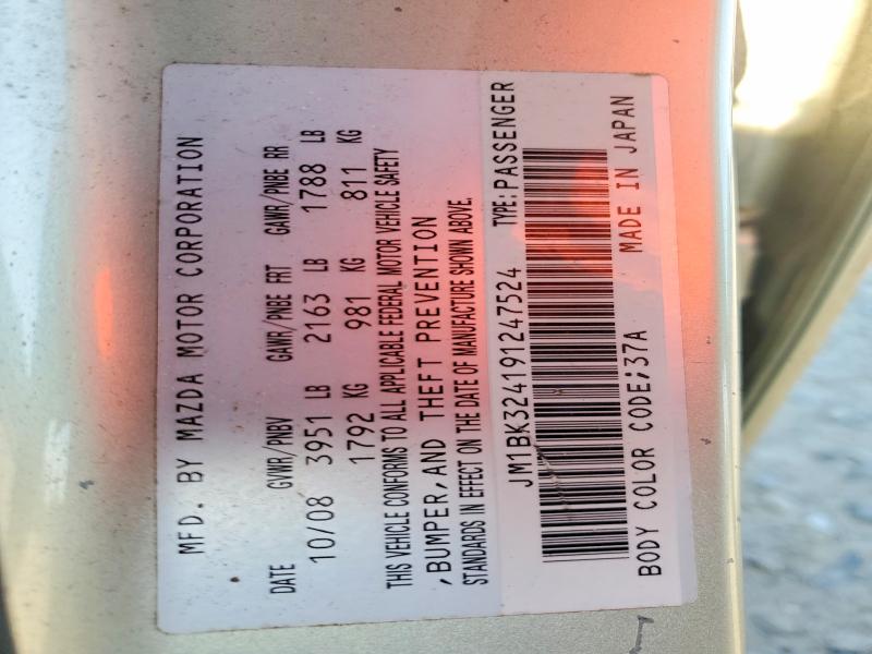 2009 Mazda 3 მანქანა იყიდება აუქციონზე, vin: JM1BK324191247524, აუქციონის ნომერი: 64108196