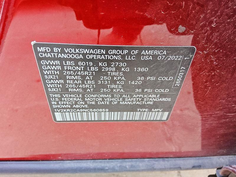 64791496 :رقم المزاد ، 1V2KR2CA9NC560859 vin ، 2022 Volkswagen Atlas مزاد بيع