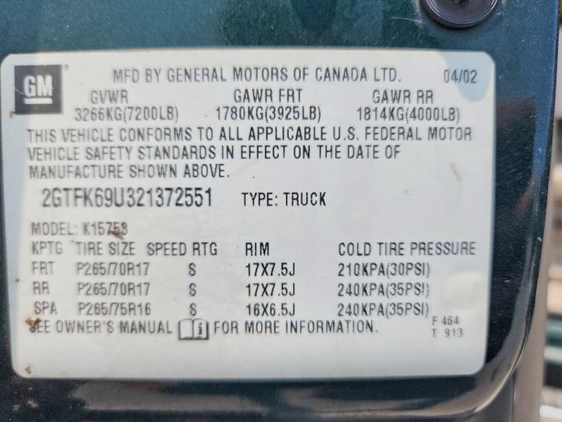 Aukcja sprzedaży 2002 Gmc Sierra, vin: 2GTFK69U321372551, numer aukcji: 63740276