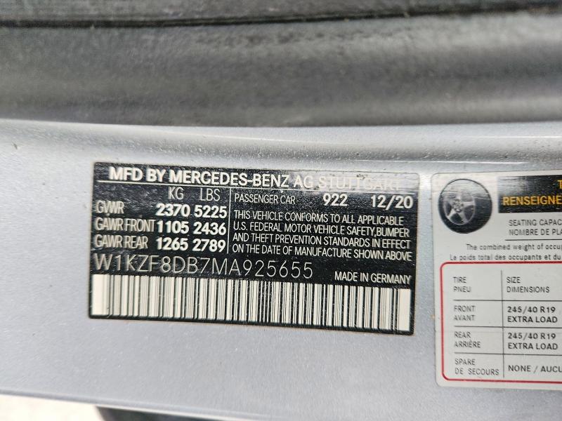 2021 Mercedes-benz E მანქანა იყიდება აუქციონზე, vin: W1KZF8DB7MA925655, აუქციონის ნომერი: 63776056