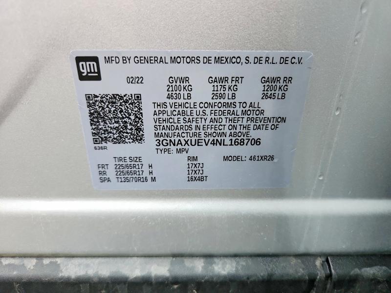 2022 Chevrolet Equinox მანქანა იყიდება აუქციონზე, vin: 3GNAXUEV4NL168706, აუქციონის ნომერი: 63374496