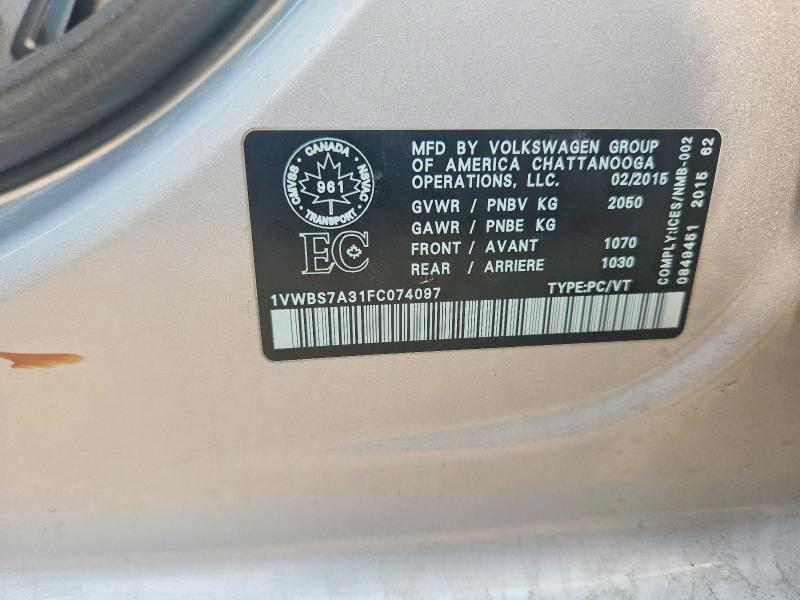 Продажа на аукционе авто 2015 Volkswagen Passat, vin: 1VWBS7A31FC074097, номер лота: 64261796
