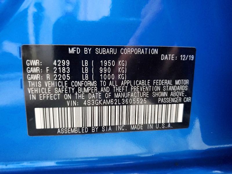 63498416 :رقم المزاد ، 4S3GKAM62L3605525 vin ، 2020 Subaru Impreza مزاد بيع