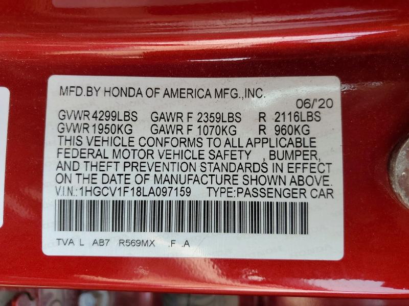 2020 Honda Accord მანქანა იყიდება აუქციონზე, vin: 1HGCV1F18LA097159, აუქციონის ნომერი: 63682646