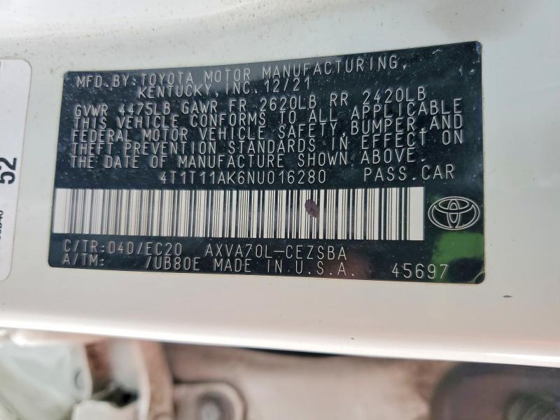 2022 Toyota Camry მანქანა იყიდება აუქციონზე, vin: 4T1T11AK6NU016280, აუქციონის ნომერი: 62961616