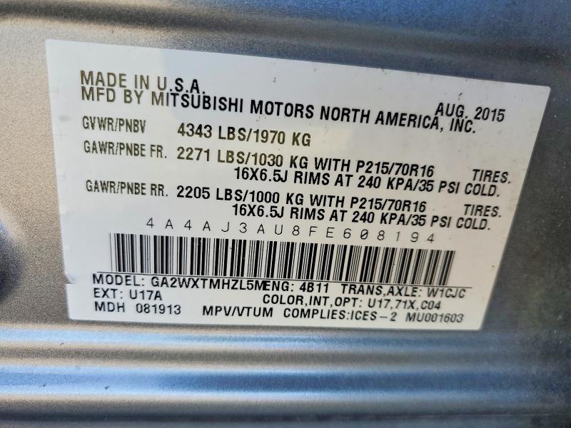 2015 Mitsubishi Rvr მანქანა იყიდება აუქციონზე, vin: 4A4AJ3AU8FE608194, აუქციონის ნომერი: 65456606