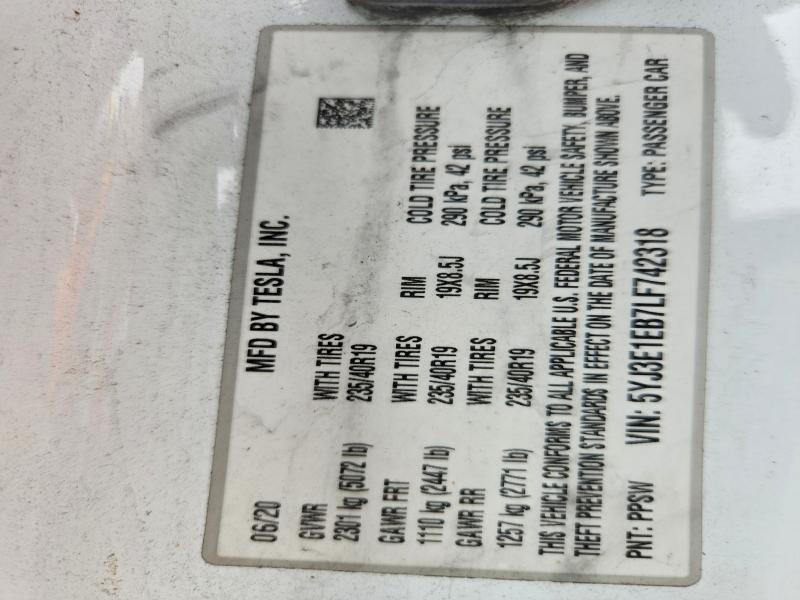 65339526 :رقم المزاد ، 5YJ3E1EB7LF742318 vin ، 2020 Tesla Model 3 مزاد بيع