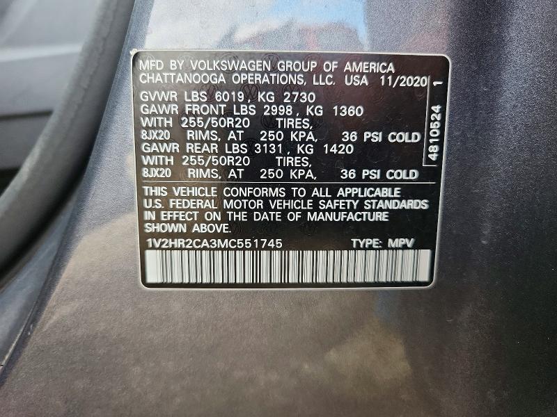2021 Volkswagen Atlas მანქანა იყიდება აუქციონზე, vin: 1V2HR2CA3MC551745, აუქციონის ნომერი: 65138306