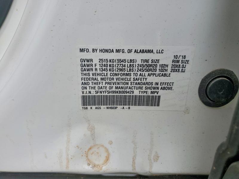 66086376 :رقم المزاد ، 5FNYF5H99KB009429 vin ، 2019 Honda Pilot مزاد بيع