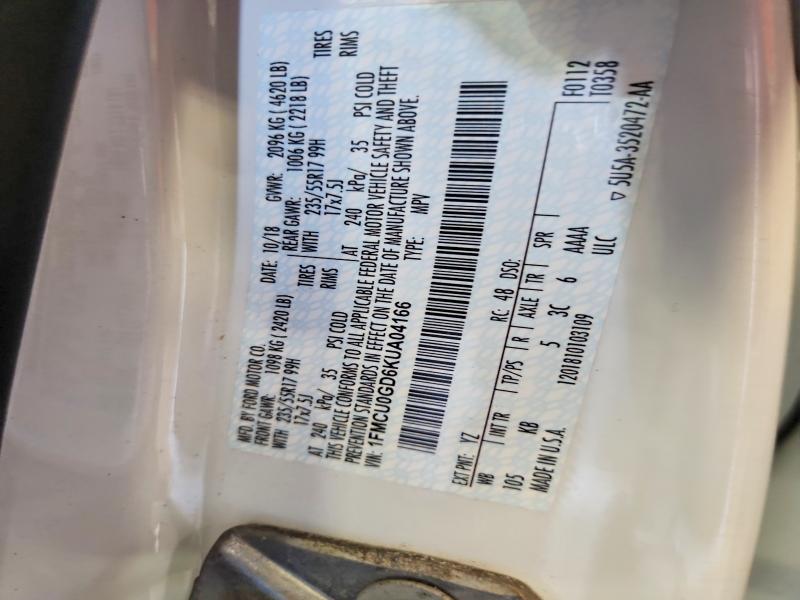 66015876 :رقم المزاد ، 1FMCU0GD6KUA04166 vin ، 2019 Ford Escape مزاد بيع