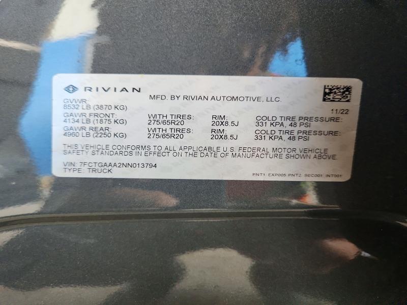 Aukcja sprzedaży 2022 Rivian R1t, vin: 7FCTGAAA2NN013794, numer aukcji: 67117486