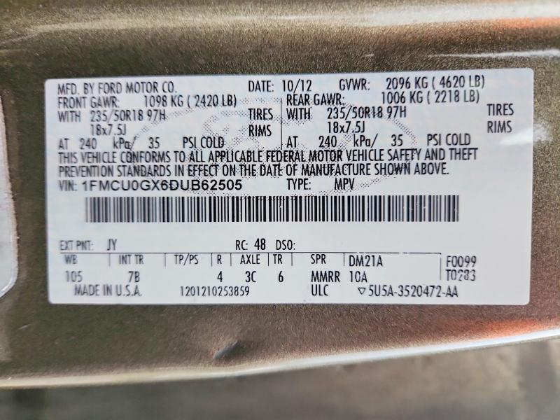 2013 Ford Escape მანქანა იყიდება აუქციონზე, vin: 1FMCU0GX6DUB62505, აუქციონის ნომერი: 64563766