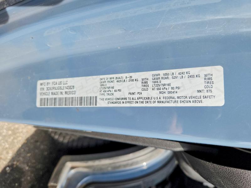 2020 Ram Promaster 3500 მანქანა იყიდება აუქციონზე, vin: 3C6URVJG6LE143828, აუქციონის ნომერი: 64186006