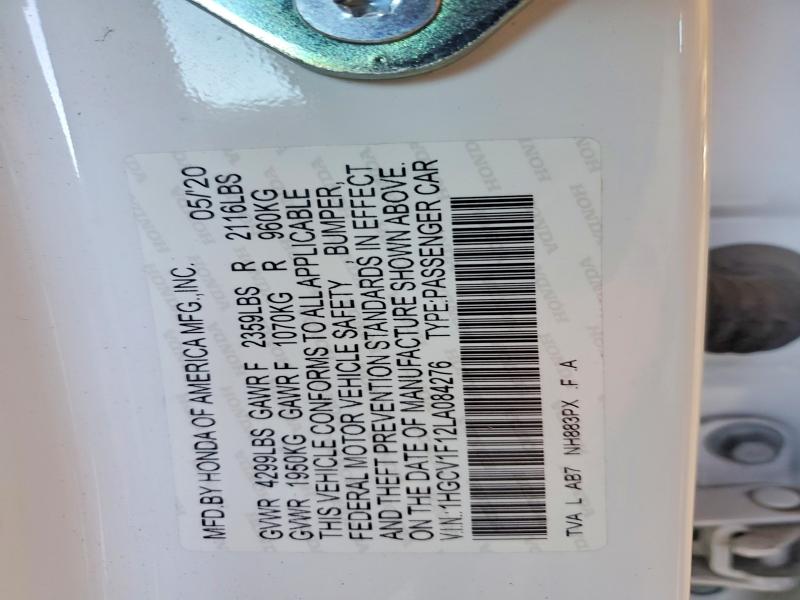 2020 Honda Accord მანქანა იყიდება აუქციონზე, vin: 1HGCV1F12LA084276, აუქციონის ნომერი: 64113306
