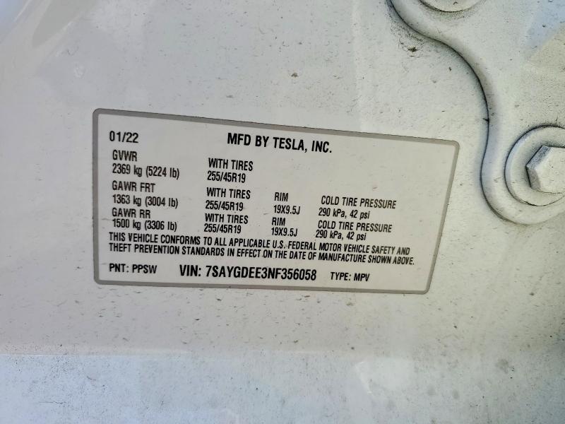 Aukcja sprzedaży 2022 Tesla Model Y, vin: 7SAYGDEE3NF356058, numer aukcji: 62877886