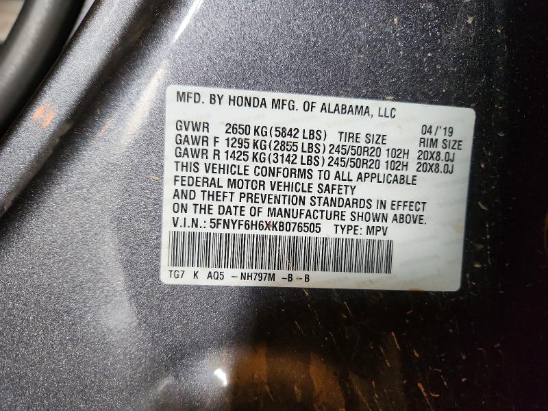 Aukcja sprzedaży 2019 Honda Pilot, vin: 5FNYF6H6XKB076505, numer aukcji: 66802426