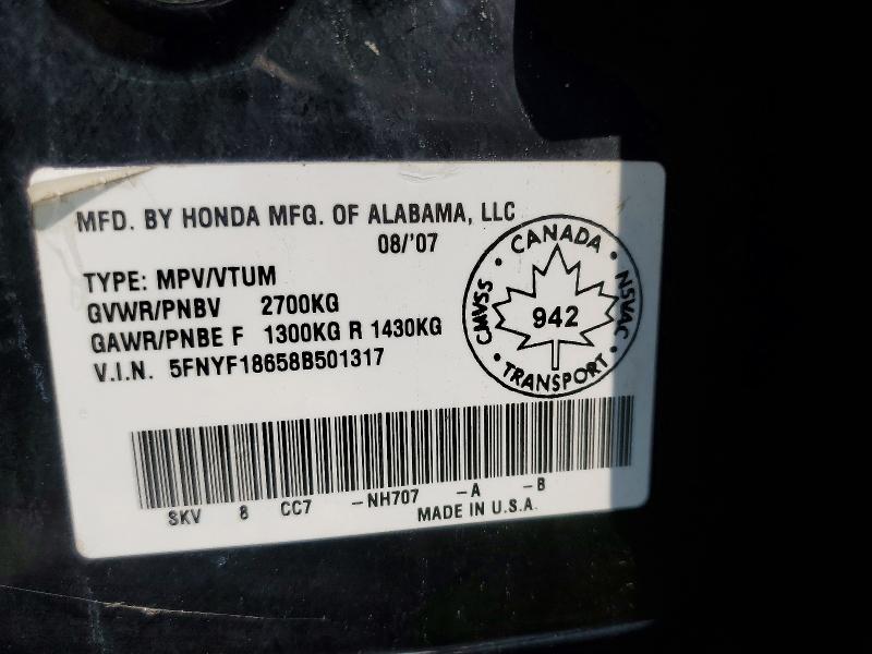 2008 Honda Pilot მანქანა იყიდება აუქციონზე, vin: 5FNYF18658B501317, აუქციონის ნომერი: 62504776