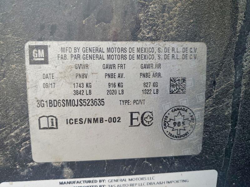 64597516 :رقم المزاد ، 3G1BD6SM0JS523635 vin ، 2018 Chevrolet Cruze مزاد بيع