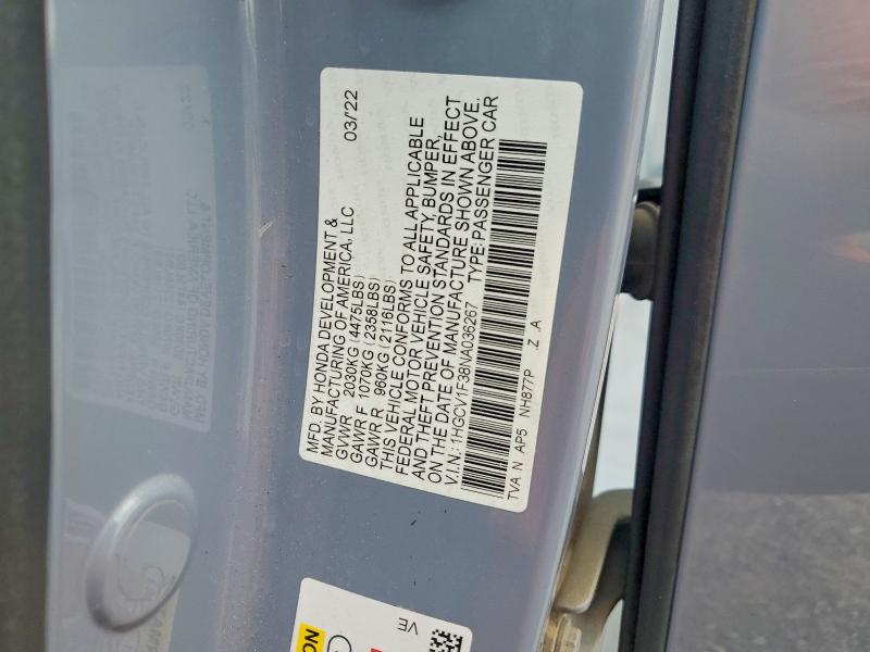 Aukcja sprzedaży 2022 Honda Accord, vin: 1HGCV1F38NA036267, numer aukcji: 61345446