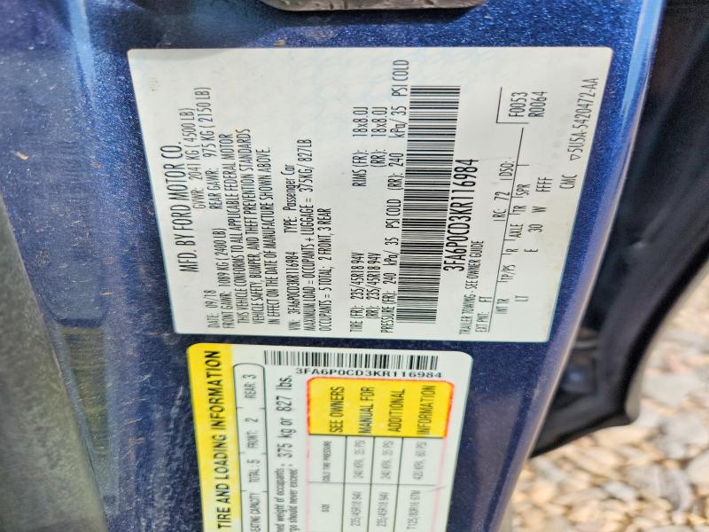 Продаж на аукціоні авто 2019 Ford Fusion, vin: 3FA6P0CD3KR116984, номер лоту: 66294356