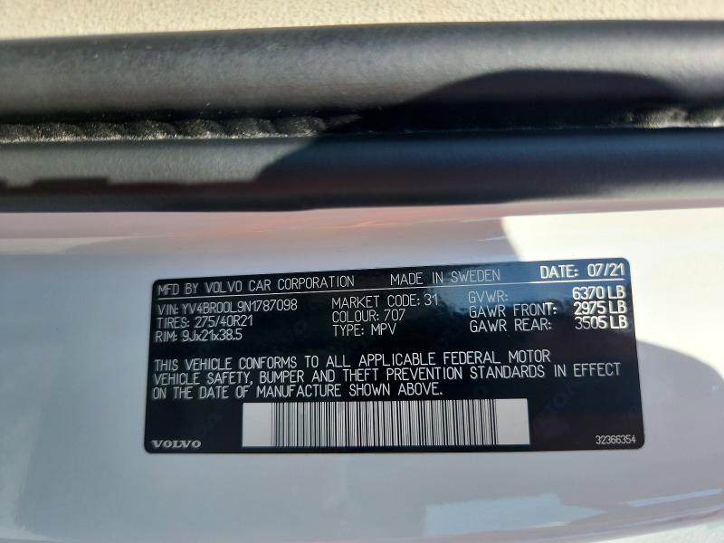 66016516 :رقم المزاد ، YV4BR00L9N1787098 vin ، 2022 Volvo Xc90 مزاد بيع