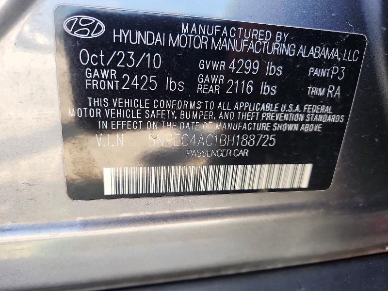 2011 Hyundai Sonata მანქანა იყიდება აუქციონზე, vin: 5NPEC4AC1BH188725, აუქციონის ნომერი: 65707186