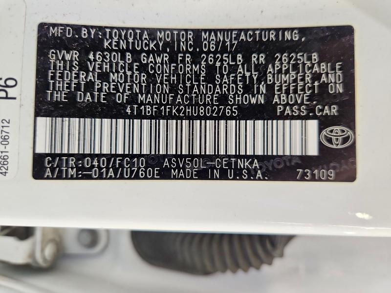 Aukcja sprzedaży 2017 Toyota Camry, vin: 4T1BF1FK2HU802765, numer aukcji: 64412556