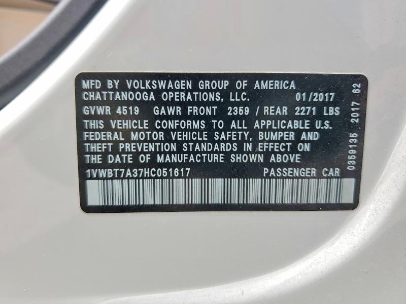 2017 Volkswagen Passat მანქანა იყიდება აუქციონზე, vin: 1VWBT7A37HC051617, აუქციონის ნომერი: 64560526