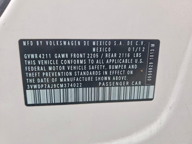 Aukcja sprzedaży 2012 Volkswagen Jetta, vin: 3VWDP7AJ9CM374022, numer aukcji: 64935296