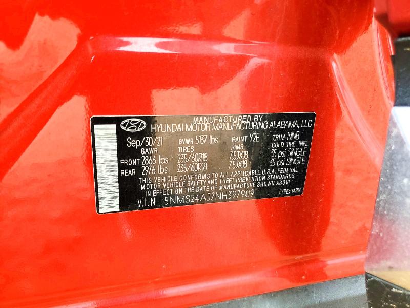2022 Hyundai Santa Fe მანქანა იყიდება აუქციონზე, vin: 5NMS24AJ7NH397909, აუქციონის ნომერი: 63362166