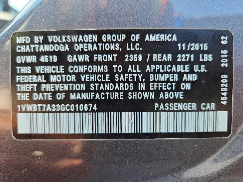 2016 Volkswagen Passat მანქანა იყიდება აუქციონზე, vin: 1VWBT7A33GC010674, აუქციონის ნომერი: 64985466