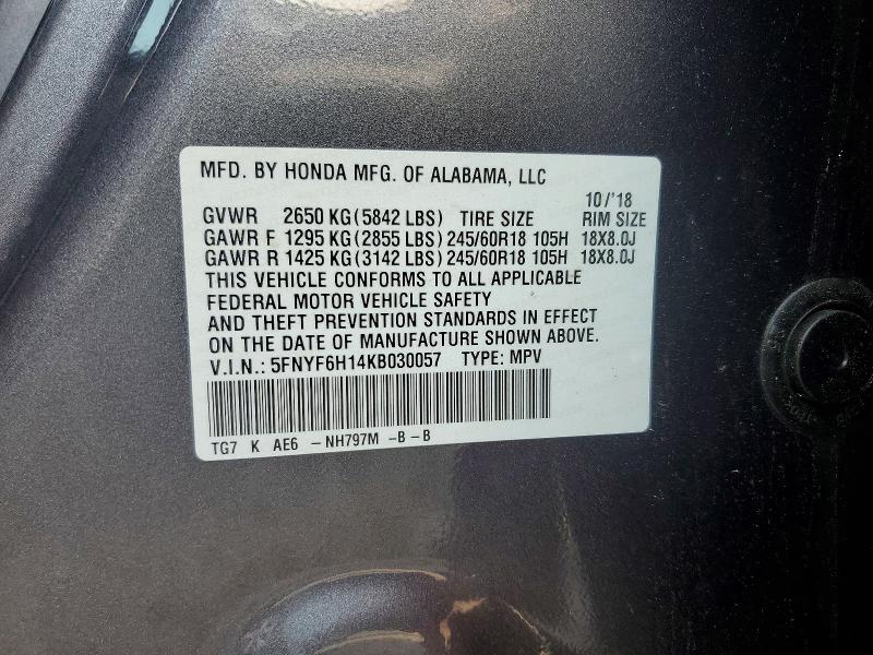 Продаж на аукціоні авто 2019 Honda Pilot, vin: 5FNYF6H14KB030057, номер лоту: 64378946