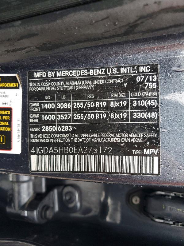 Aukcja sprzedaży 2014 Mercedes-benz Ml, vin: 4JGDA5HB0EA275172, numer aukcji: 65531656
