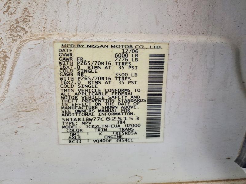 2007 Nissan Pathfinder მანქანა იყიდება აუქციონზე, vin: 5N1AR18W77C625153, აუქციონის ნომერი: 65350226