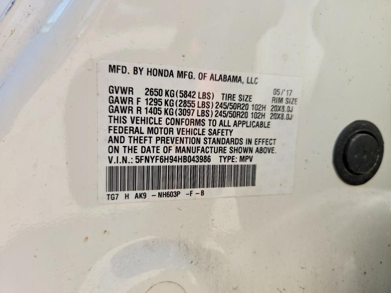 Aukcja sprzedaży 2017 Honda Pilot, vin: 5FNYF6H94HB043986, numer aukcji: 65633066